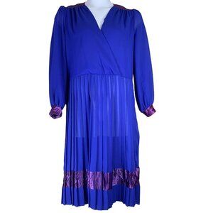 Vintage Dress Sz 14 Blue Purple Pleated Midi Length V Neck Shoulder Pads Amy Deb